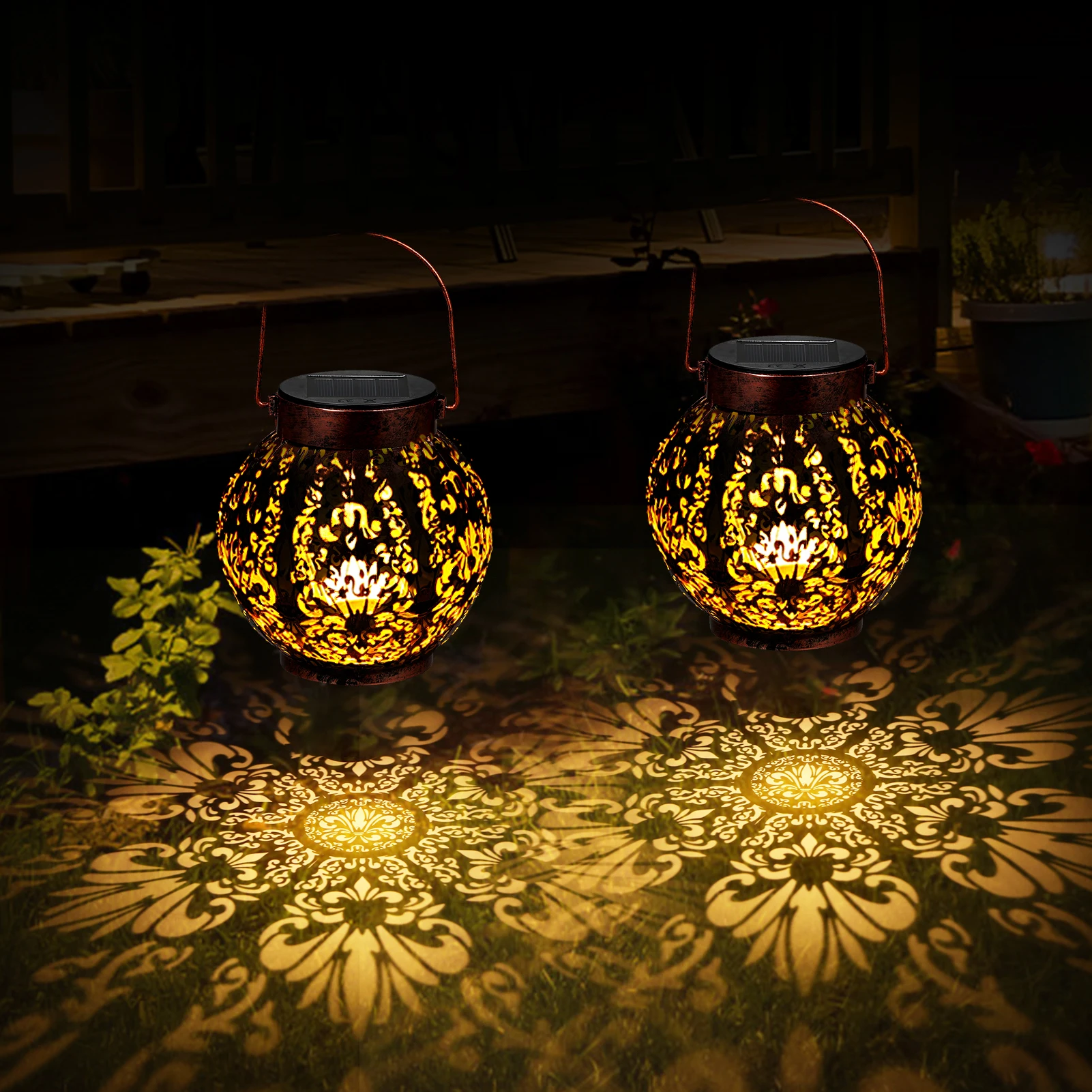 

Solar Lights Lantern Outdoor Hanging Lamp Metal Hollow Shadow Projection Hanging Lantern Lighting Waterproof Landscape Light
