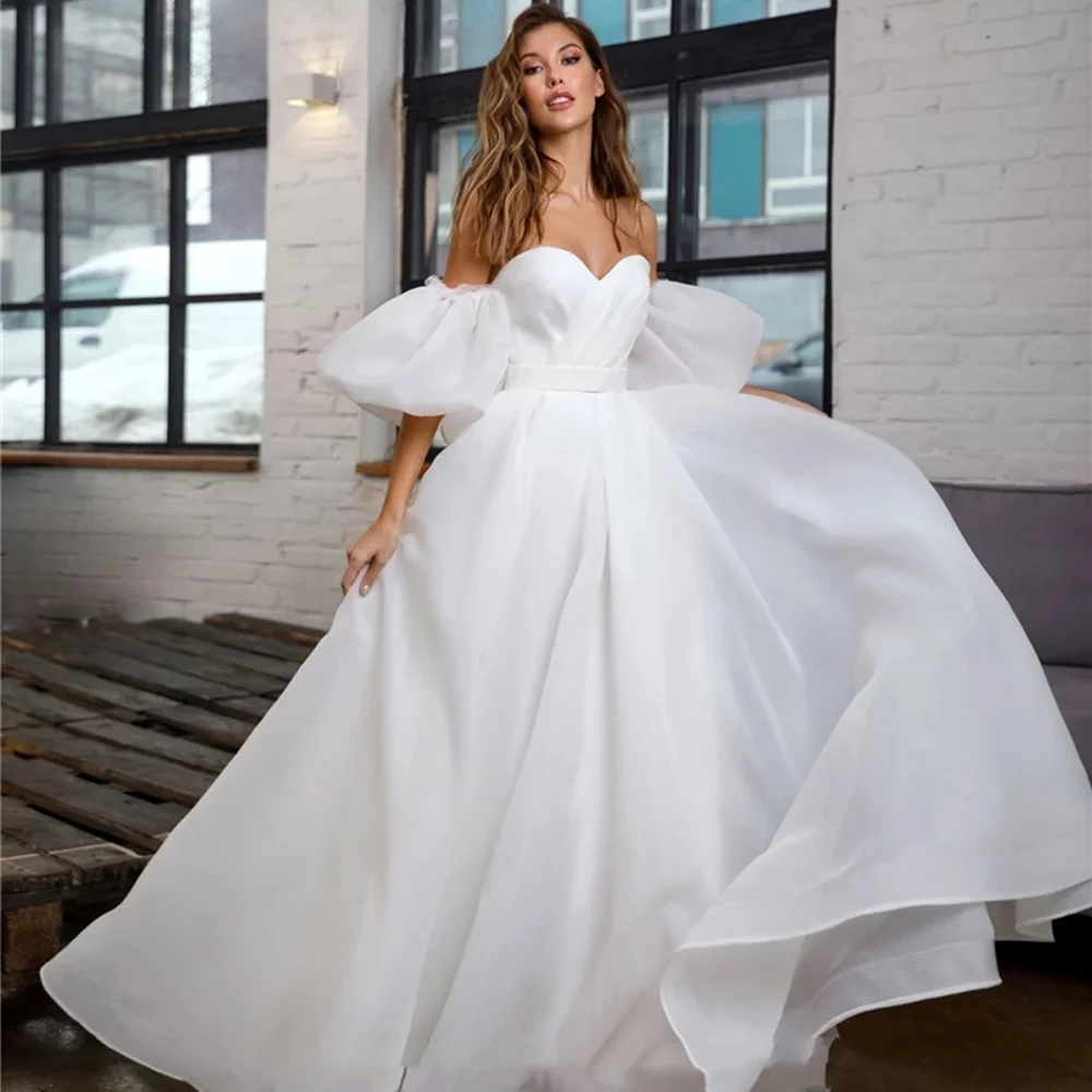 Купи Classic Organza Wedding Gowns For Women Detachable Puff Sleeves Elegant A-Line Sweetheart Dress Custom Made Vestido de Noiva за 5,874 рублей в магазине AliExpress