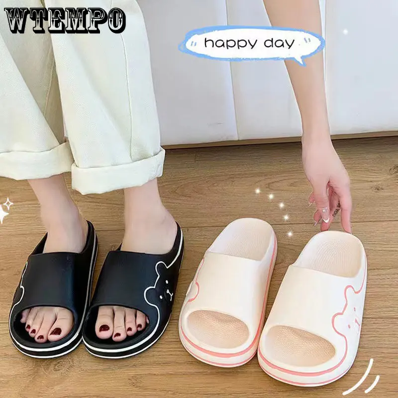

WTEMPO Summer Slippers Cute Cartoon Bear Solid Flip Flops Beach Slides Sandals Thick Soled Couple Bathroom Shoes Dropshipping
