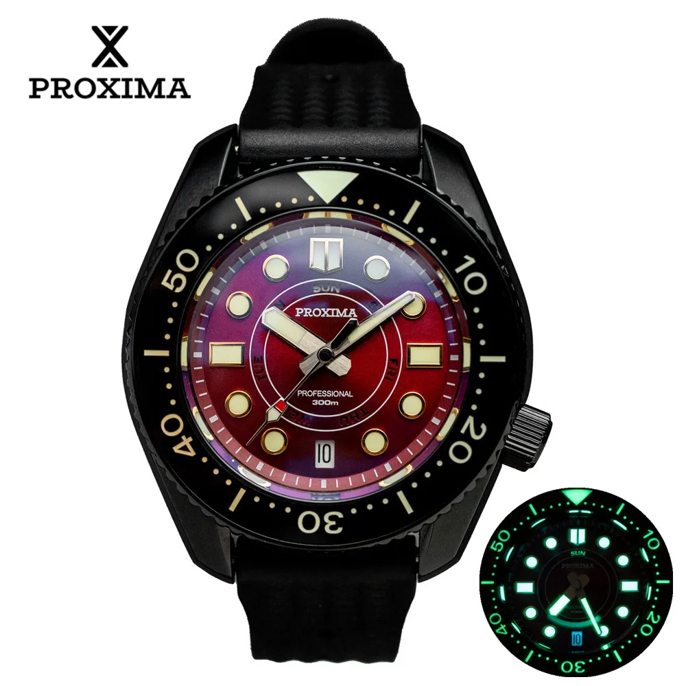 

PX1683 MM300 Men Luxury Automatic Mechanical Watches Cherry Sunburst Dial NH36A Black Case Waterproof Day Date Diving Watch
