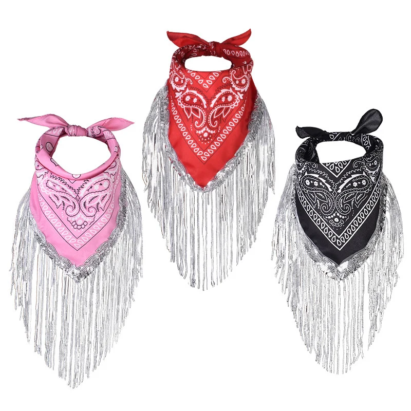 

Women Men Bandanas Sequin Bachelorette Turban Tassel Trim Head Scarf Cowgirl Fringe Multifunction Headbands Neckerchief