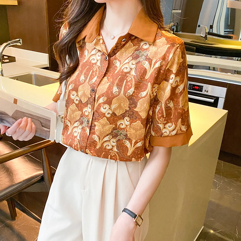 

Рубашка Женская атласная с коротким рукавом, модная блузка в Корейском стиле для офиса, тонкая повседневная одежда, на лето
