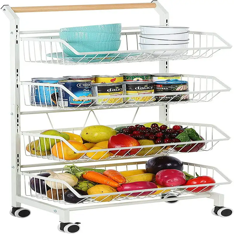

4 Tier Fruit Vegetable Storage Basket Rolling Cart with Handle and Wheels, White