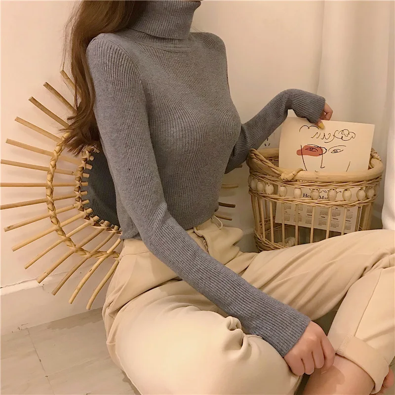 New Turtleneck Sweater Women Autumn Soft Ribbed Knit Pullover Long Sleeve Solid Tops Slim Elastic Korean Simple Basic Jumper