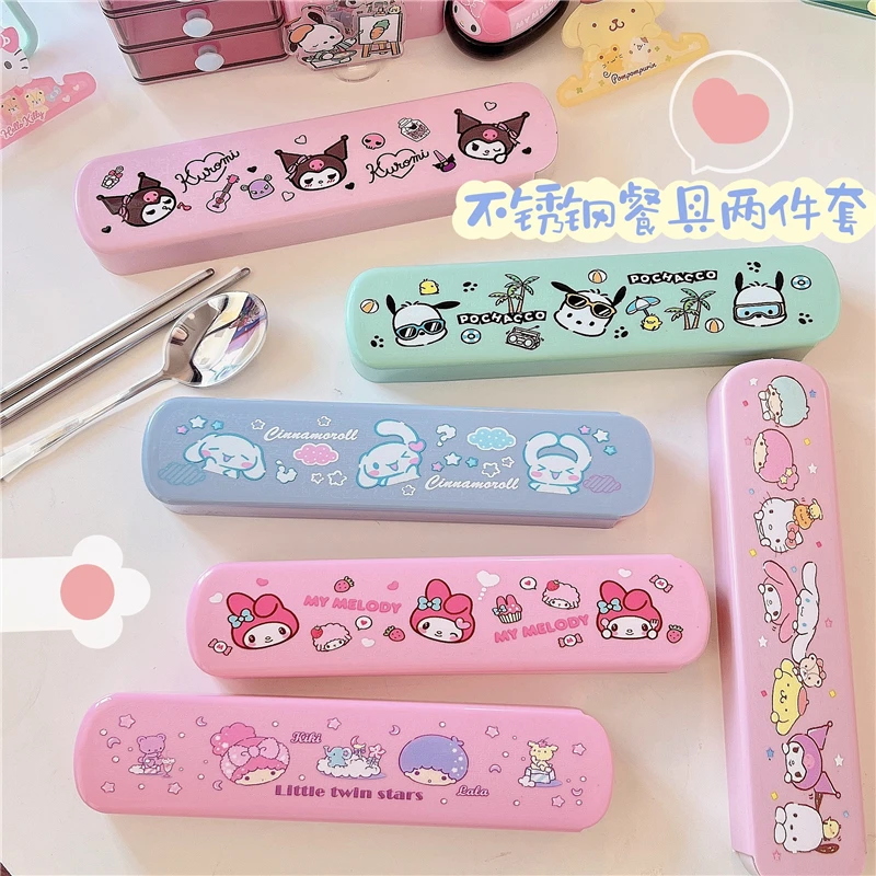 

Kawaii Kuromi My Melody Cinnamonroll мультфильм 304 нержавеющая сталь ложка Вилка палочки для еды набор с контейнером для хранения столовых приборов