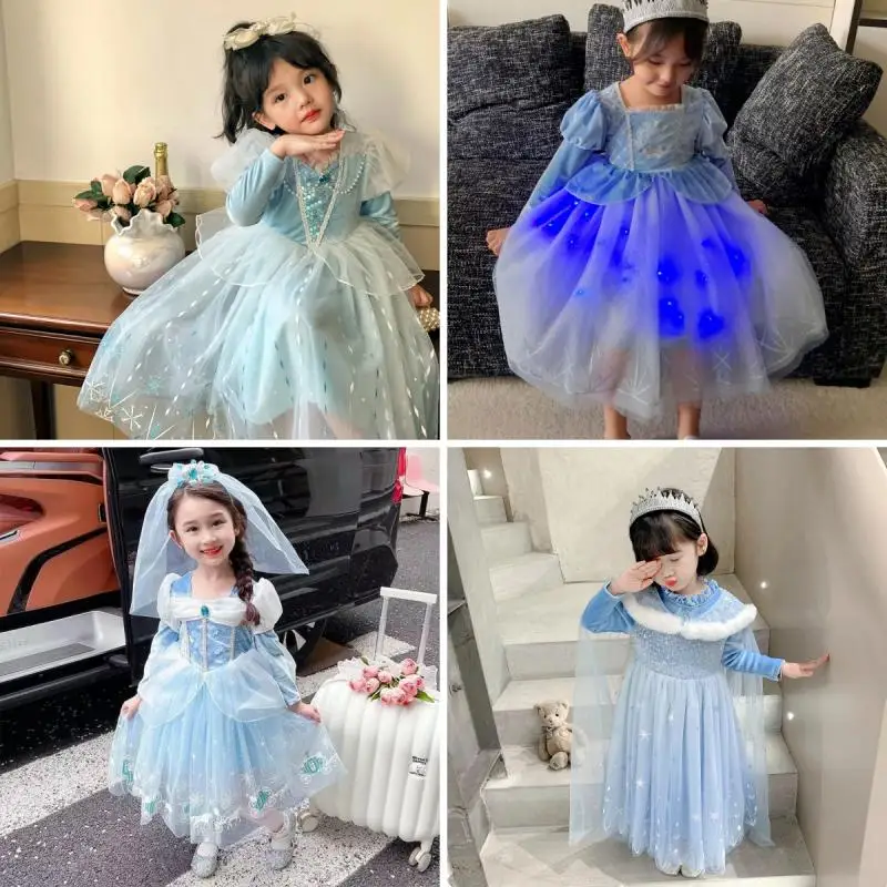 

Disney Frozen Elsa Princess Dress Kawaii Long Sleeve Mesh Dress Glow Halloween Ceremonial Dress Birthday Party Clothing Gift Toy