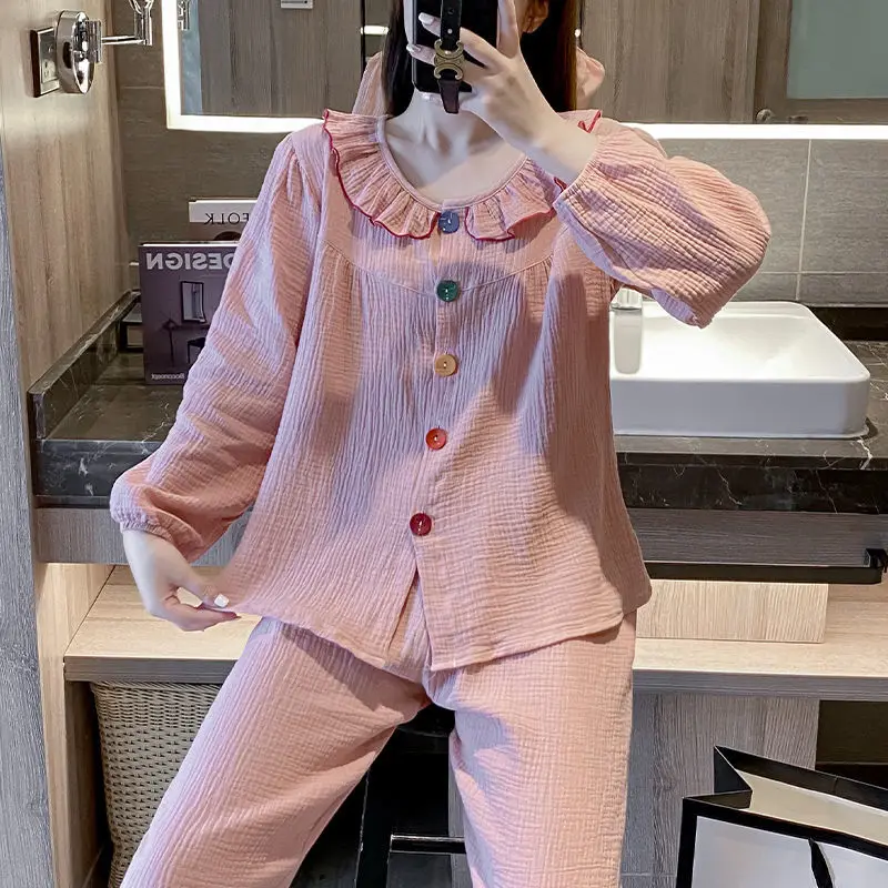 QWEEK Sleepwear Women's Cotton Pajamas for Sleep Kawaii Color Buttons Pijamas Autumn Winter Home Clothes Negligee Sets Female