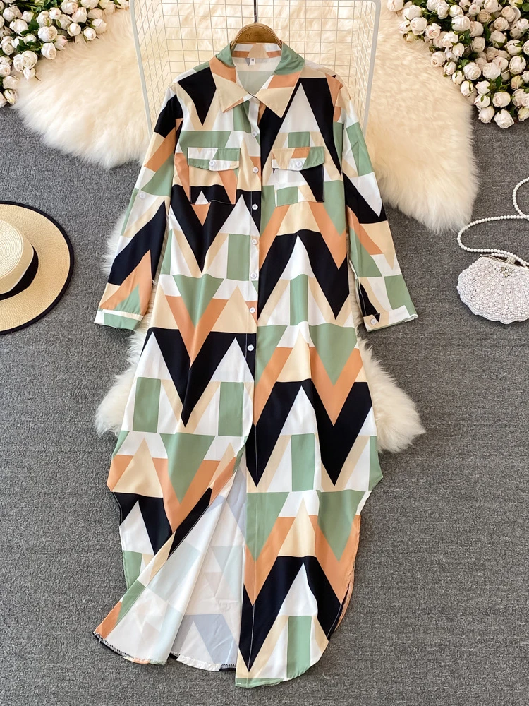 

Платье женское с длинным рукавом, свободная рубашка с лацканами, модная темпераментная одежда с принтом, длинная юбка, уличная одежда