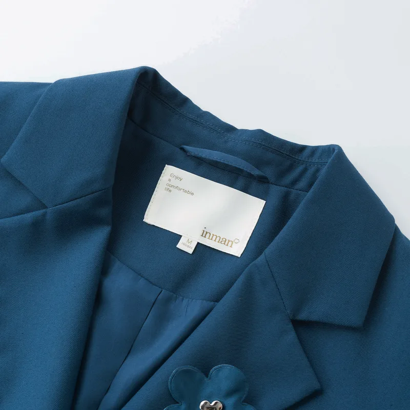 INMAN Women Blazer 2023 Autumn Long Sleeves Lapel Loose Coat Single Breasted Fashion Classics Versatile Navy Jacket Outwear