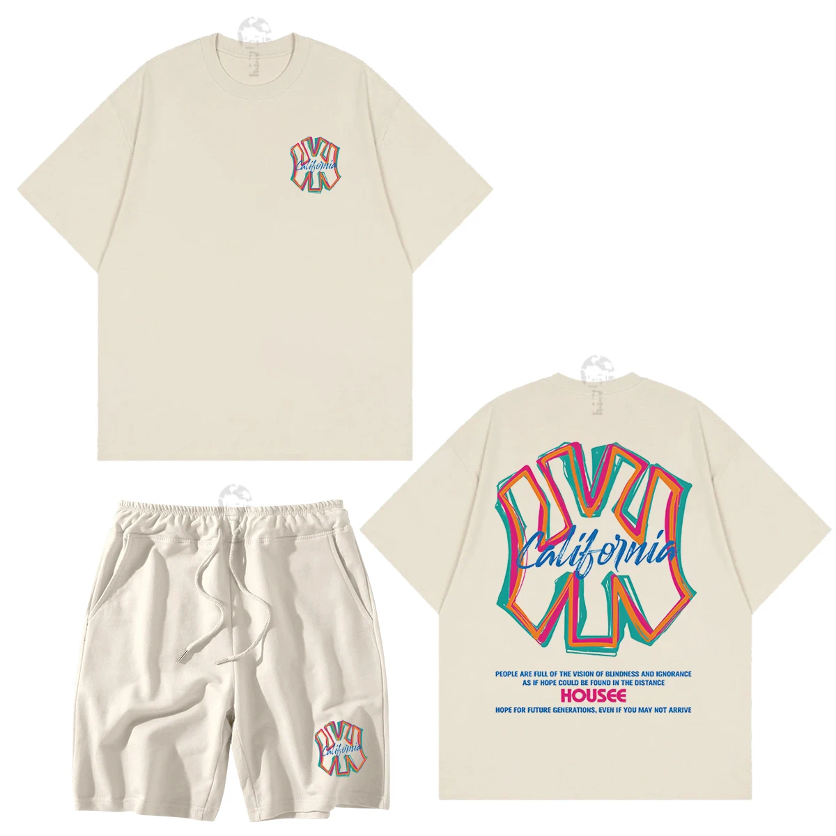 Korean Street  Summer Cotton Men T-shirt Shorts Sports Suit 2-piece Brand Pattern Printed Unisex Short Sleeve Suit Free Shipping