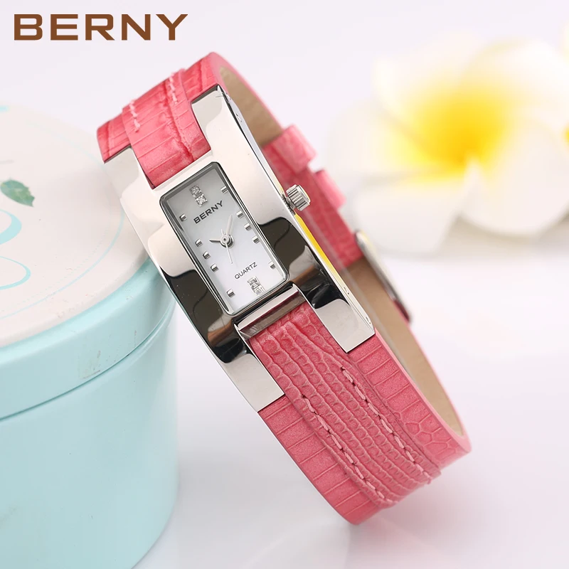 BERNY Women's Quartz Watches Casual Fashion Rectangle Stainless Steel Ladies Clock Leather C-shaped Buckle 3ATM Watch for Women