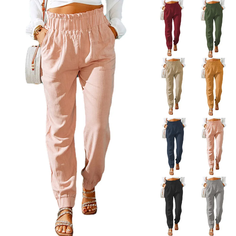 

2022 Summer Women's Wide Leg Pants Loose High Waist Casual Trousers Women Korean Solid Ruffle Stretch Straight Pants
