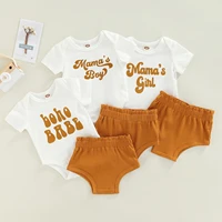 2pcs newborn casual summer cotton outfits toddler letter print short sleeve round neck bodysuit ribbed solid color shorts