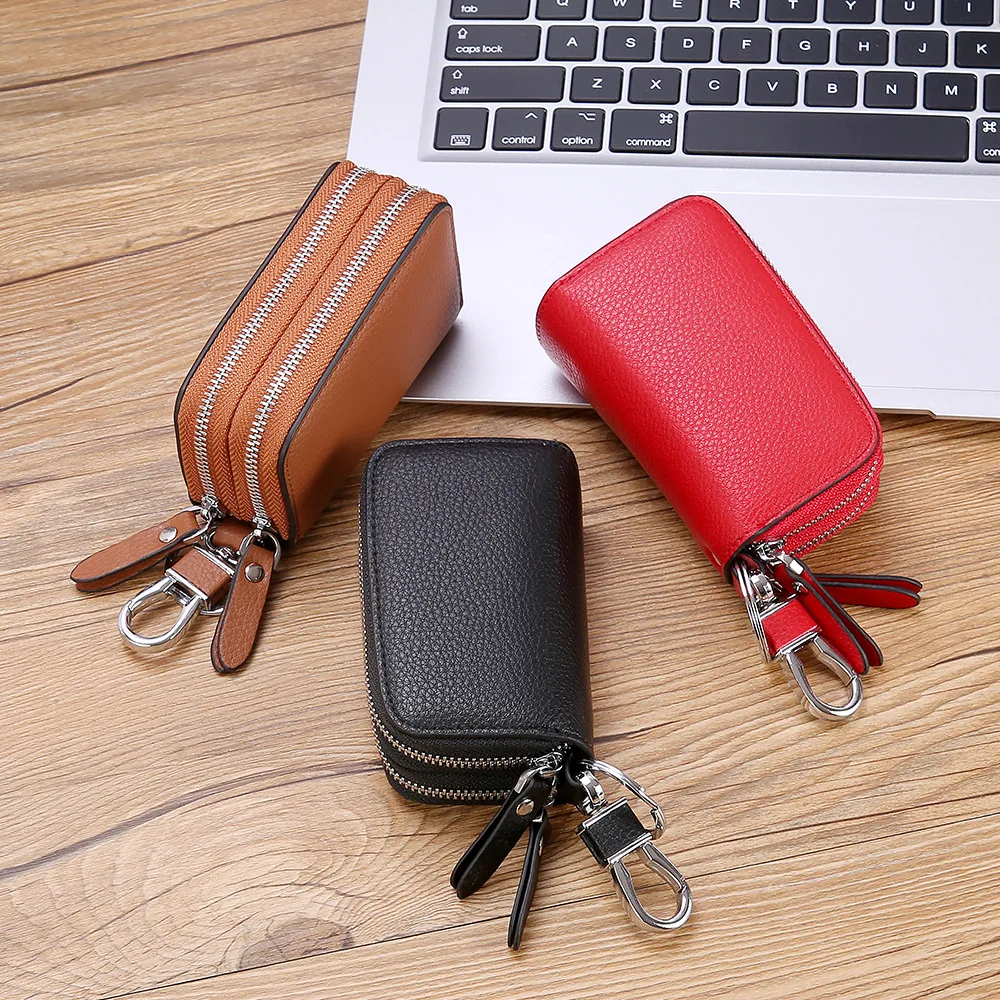 

Casual Car Key Pouch Genuine Leather Keyring Protect Wallet Moto Remote Keychain Holder Shell Bag Double Layer Key Slot Pocket