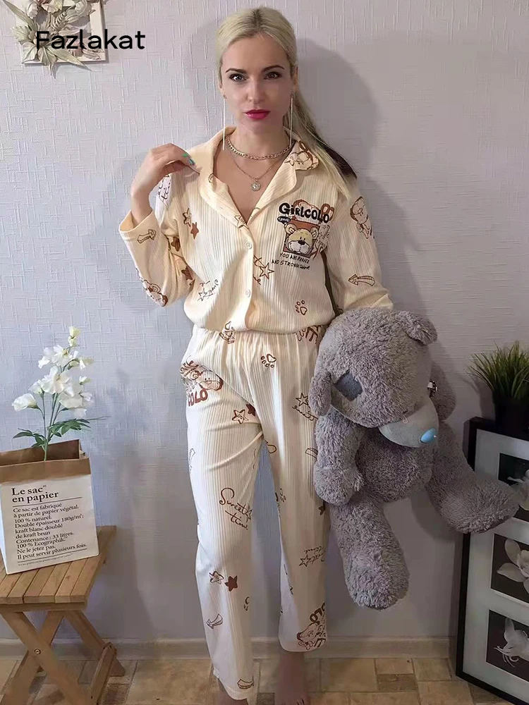 Autumn Pajamas Set Women Sleepwear Cotton Women Pajamas Long  Sleeve Tops With Long Trousers Ladies Pj Set Home Suit 3XL