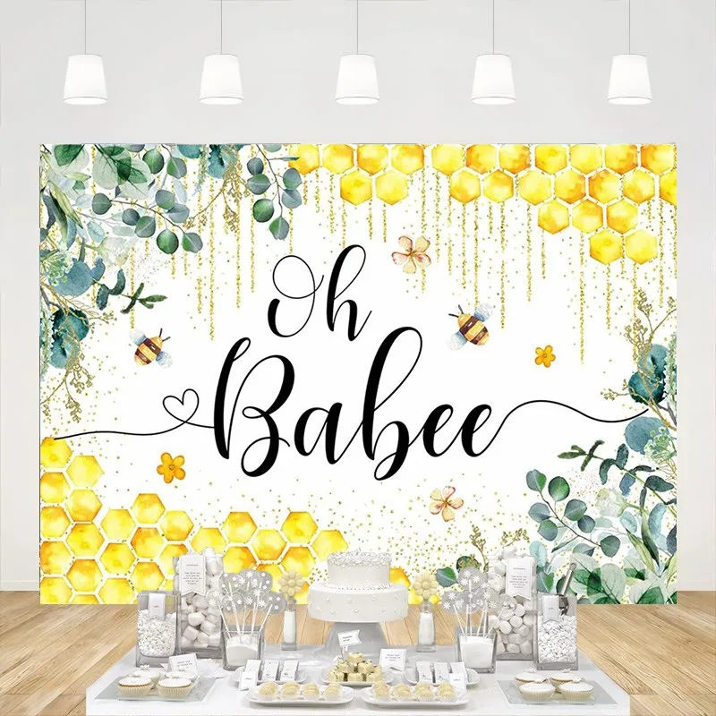 

Oh Babee Backdrop for Baby Shower Green Leaves Golden Spots Honeycomb Photography Background Honey Bee Party Decoration