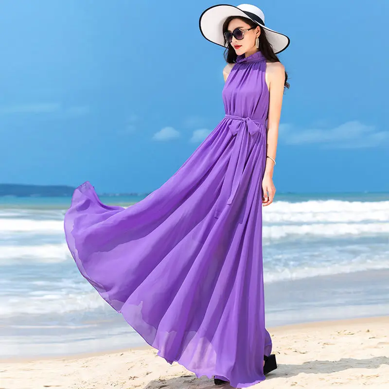 Fashion Long Dress Women Casual Off The Shoulder Sleeve Loose Chiffon Lace Up Pullover A Line Beach Elegant Vestidos M420