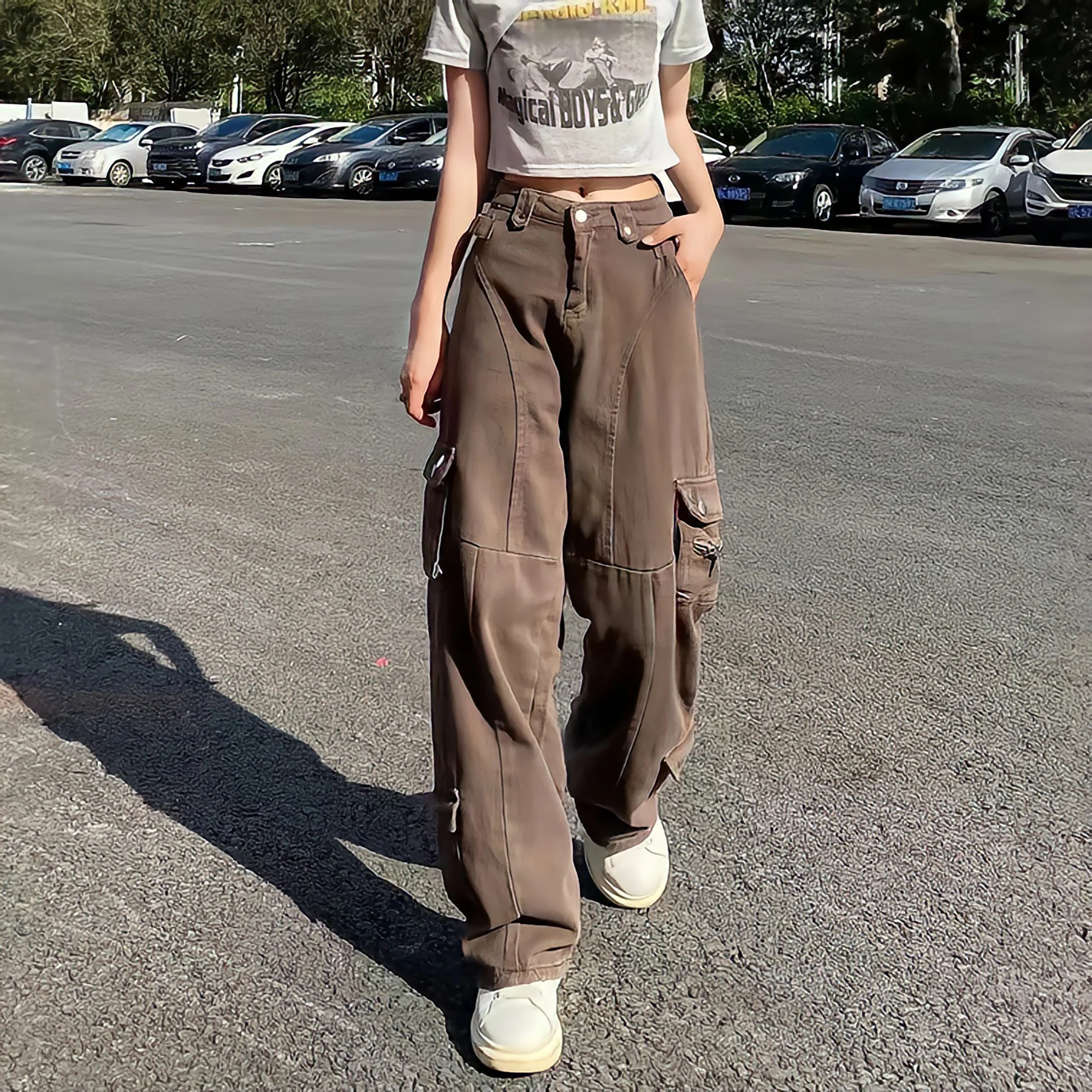 

Brown Color Women Cargo Pants Streetwear Fashion Pockets Baggy Straight Wide Leg Loose Casual Pants