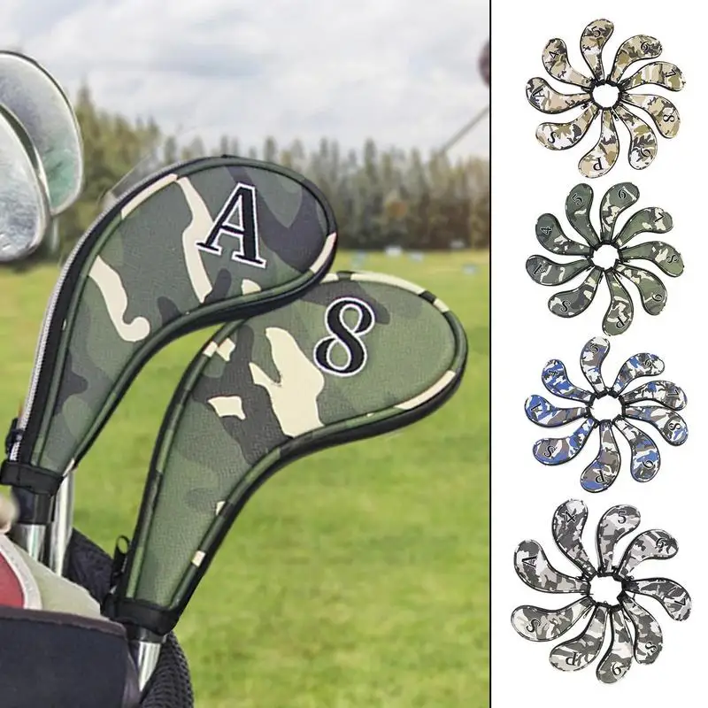 

Camouflage High-Quality 9Pcs Golf Head Cover Golf Club Iron Putter Protect Set Number Printed With Zipper Long Neck