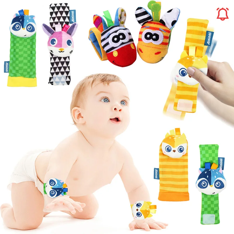 

Infant Baby Cartoon Animal Wrist Strap Newborn Handbells Foot Socks 0 to 6 Months Soft Rattle Set Baby Sensory Foot Finder Toys