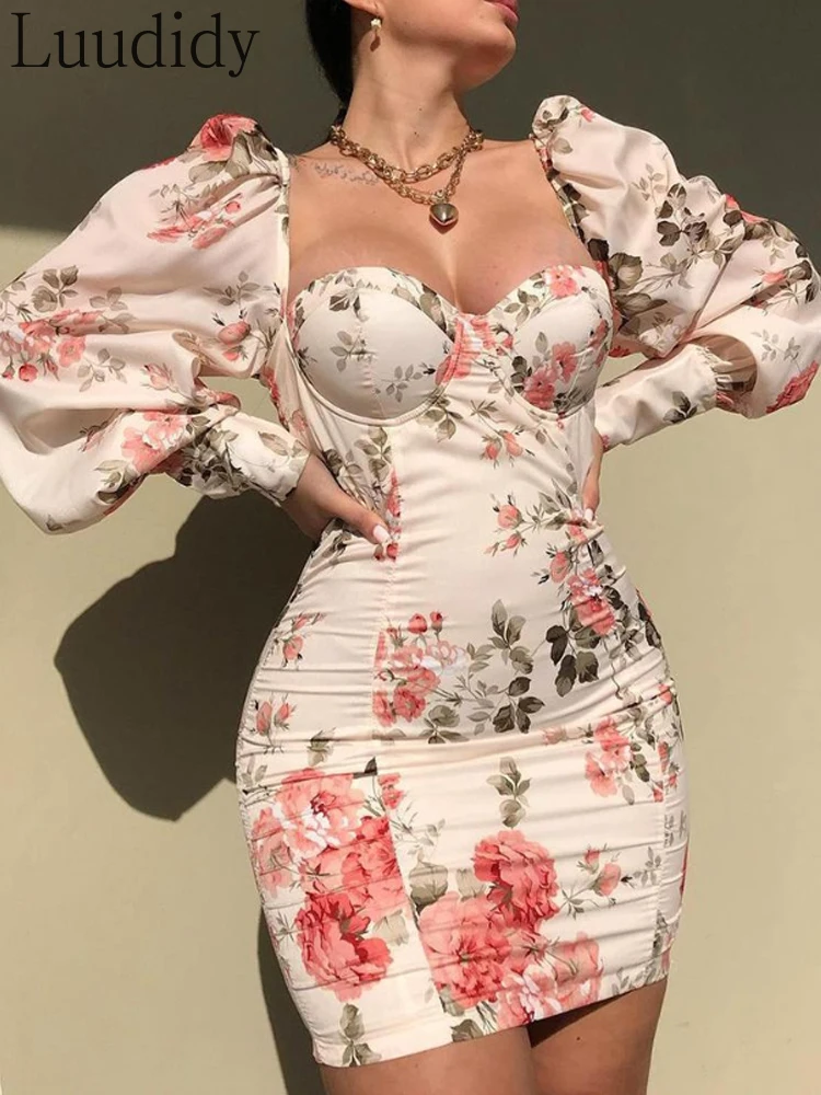 

Women Elegant Puff Sleeve Floral Print Square Neck Ruched Skinny Mini Dress