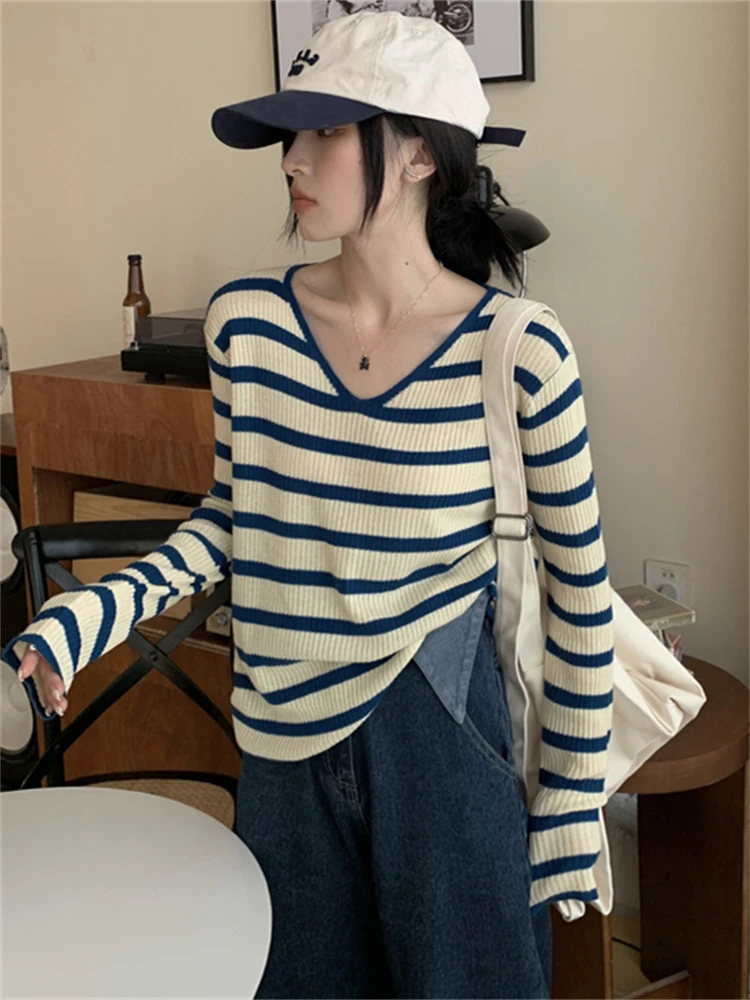 

Зимний женский свитер, футболка, женская футболка в полоску, женская одежда, женские футболки, топы, пуловер с длинным рукавом, вязаная футбо...