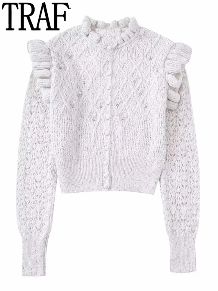 

Кардиган женский трикотажный с оборками и бусинами, на осень/зиму