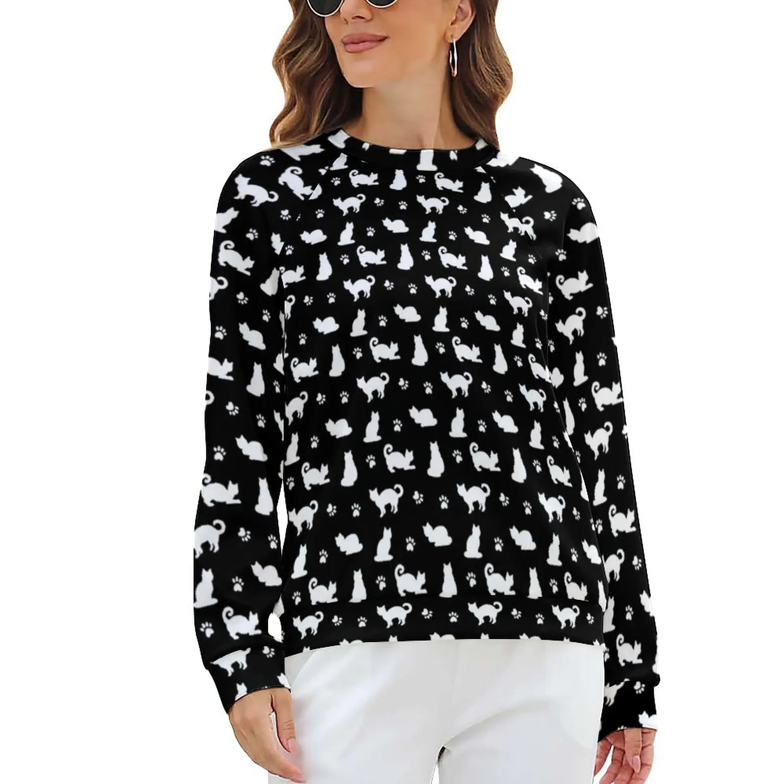 

Black Cat Hoodies Autumn Paw Prints Pattern Streetwear Oversized Hoodie Woman Long Sleeve Kawaii Pattern Casual Clothes