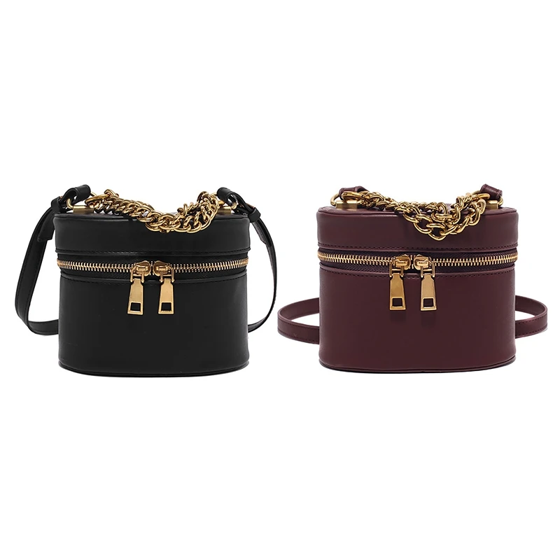 

Pure Color Leather Bucket Bag Large Capacity Ladies Fashion Zipper Retro Bucket Bag Retro Messenger Bag