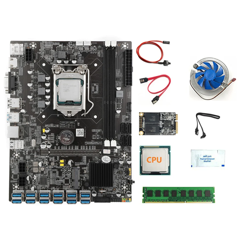 

B75 12USB BTC Miner Motherboard+CPU+4G DDR3 RAM+128G SSD+Fan+Thermal Grease+2XSATA Cable+Switch Cable LGA1155 Slot MSATA