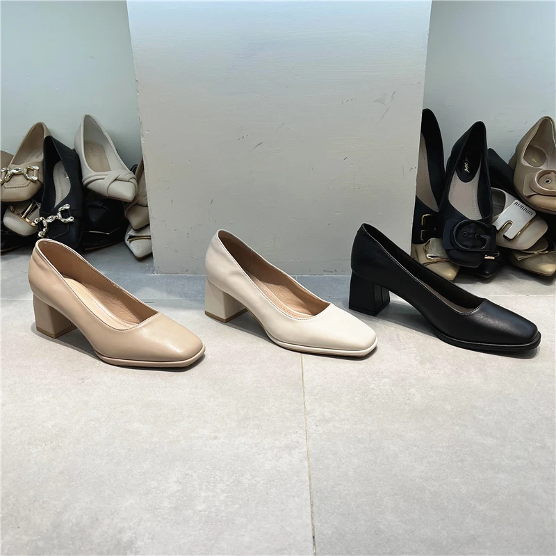 

Round Toe Women Pumps White Khaki Black Square High Heels Dress Shoes Woman Shallow Slip On Party Office Pumps Size 35-39