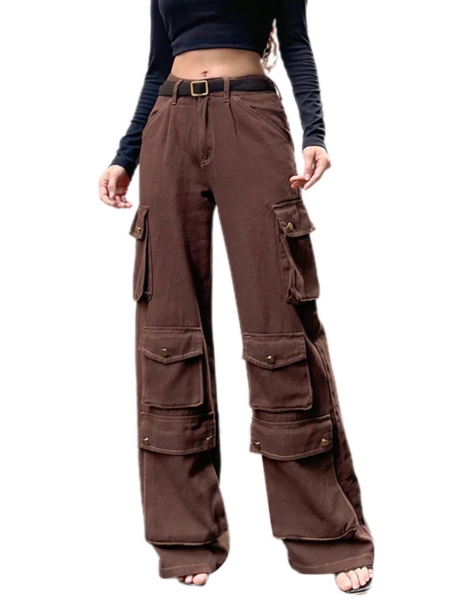 

Women Vintage Cargo Jeans Pant High Waist Zipper Button Closure Loose Patchwork Trousers with Pockets Casual Streetwear