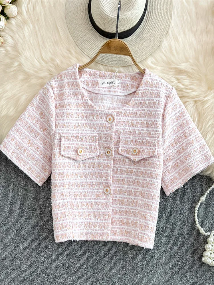 

French Elegant Ladies Small fragrance Wind Short Tweed Jacket Women's Clothing All-match Short Sleeve Single-breasted Crop Tops