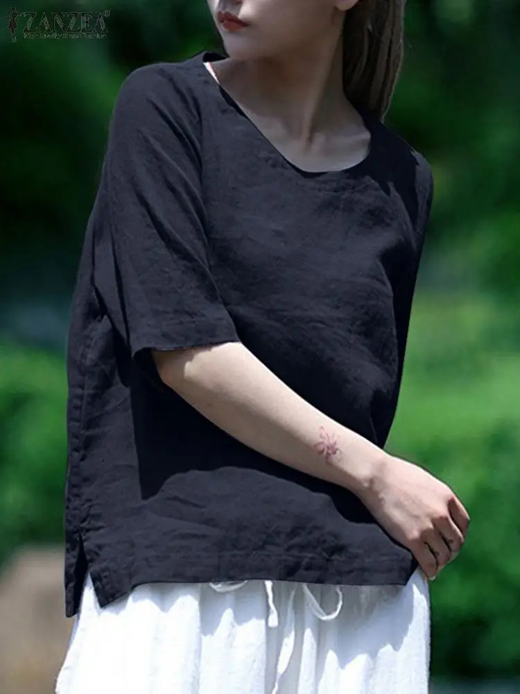 Fashion Solid Tops Women Summer Blouses ZANZEA 2022 Casual Short Sleeve Blusas Female O Neck Tunic Oversized Chemise Tops