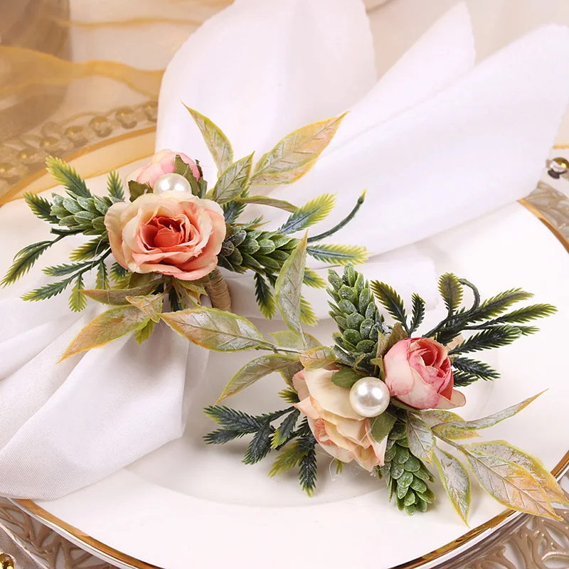 

Новинка, пряжка для салфеток, кольцо для салфеток ручной работы с имитацией двойной розы, декоративное украшение для обеденного стола «сделай сам» с цветком