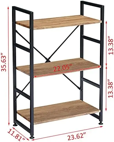 for Small Space, 3 Tier Wood Book Shelf and Bookcase with Metal Frame, Rustic Standing Unit Shelf Display  for Living Room/Home