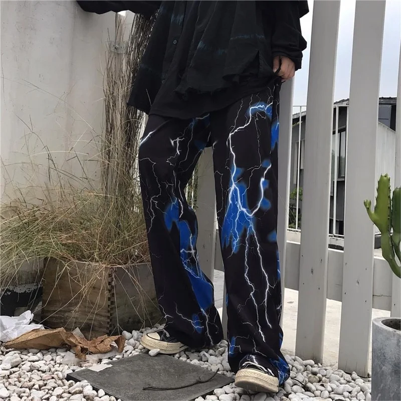 

Women's Pants Summer Girls Loose Wide Leg Trouser Hip Hop Joggers Y2k Harajuku Street Retro Lightning Casual Trousers for Female