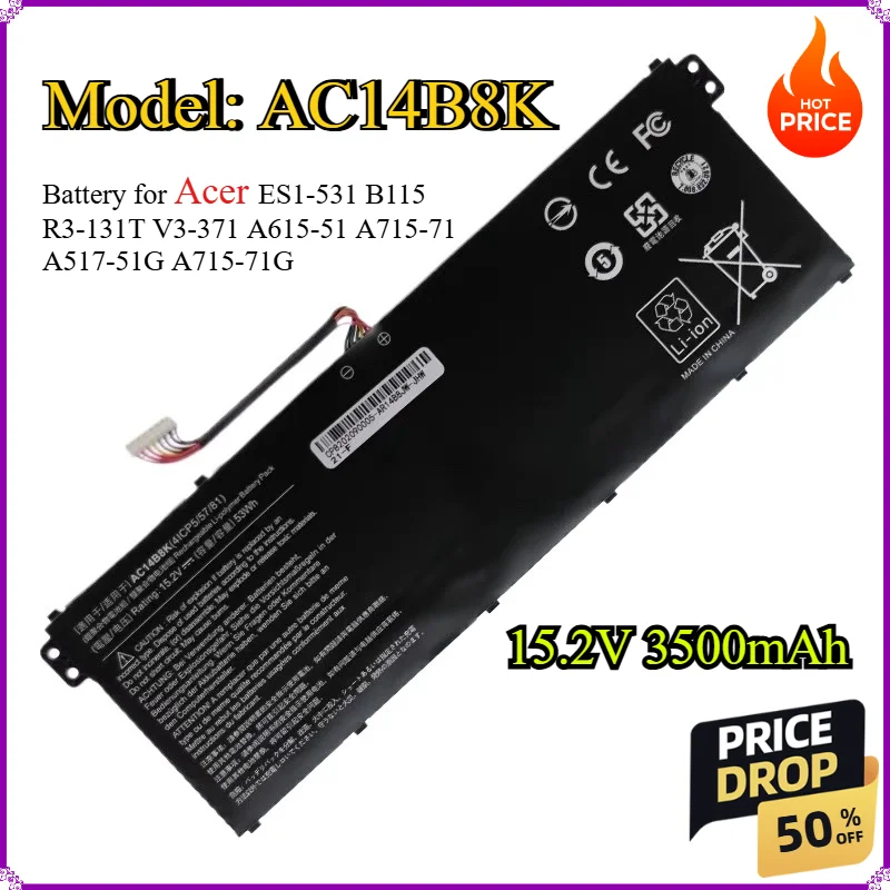 Фото Аккумулятор AC14B8K 15.2V 3500mAh для Acer ES1-531 B115 R3-131T V3-371 A615-51 A715-71 A517-51G A715-71G AC14B8K AC14B3K №1