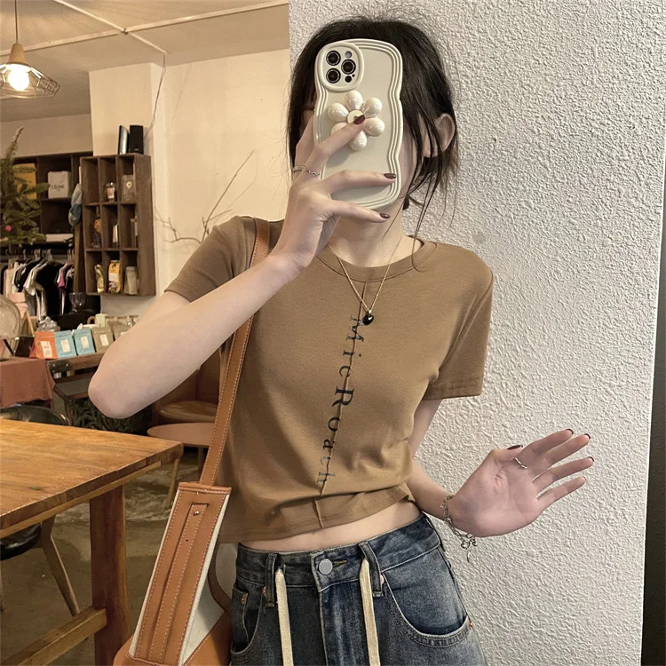 

GM2291 Off-shoulder T-shirt women's design sense small summer 2023 new slim slim letter printing pure desire short sleeve top