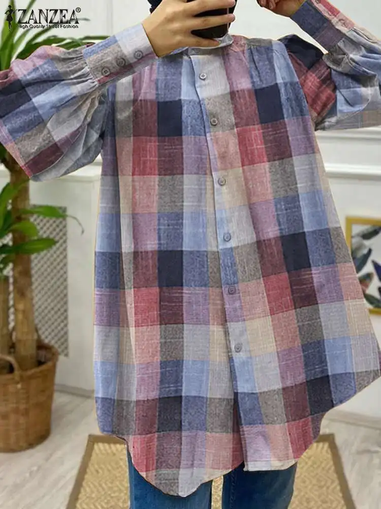 

Oversized ZANZEA Women Vintage Plaid Shirts Blouse 2022 Spring Autumn Long Sleeve Tops Tunic Casual Loose Lapel Blusas Chemise