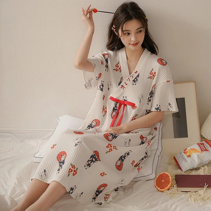 

Sleepwear Women's Summer Cotton Short-sleeved Night Dress Loose Cartoon Nightgown Pyjamas Nightdress Nightshirt X64