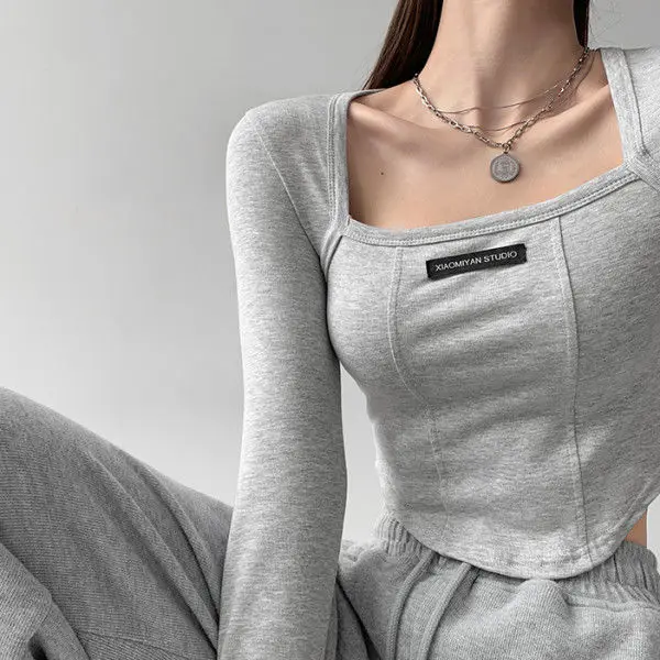 

Casual Knitted T Shirts Women Skinny Sexy Long Sleeve Tees Vintage Square Collar Cropped Top Korean Harajuku Shirts For Women