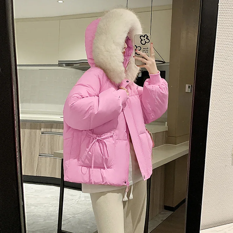 

Зимние новые короткие пальто для женщин с большим меховым воротником, Корейская свободная Толстая стильная куртка со вкусом, Дамское пуховое пальто с хлопковой подкладкой, верхняя одежда