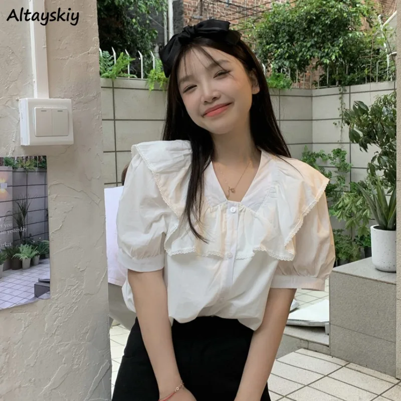 

Sailor Collar Shirts Women Preppy Style Sweet Kawaii Lace White Summer Tops Tender Females College Fashion Korean New Arrival