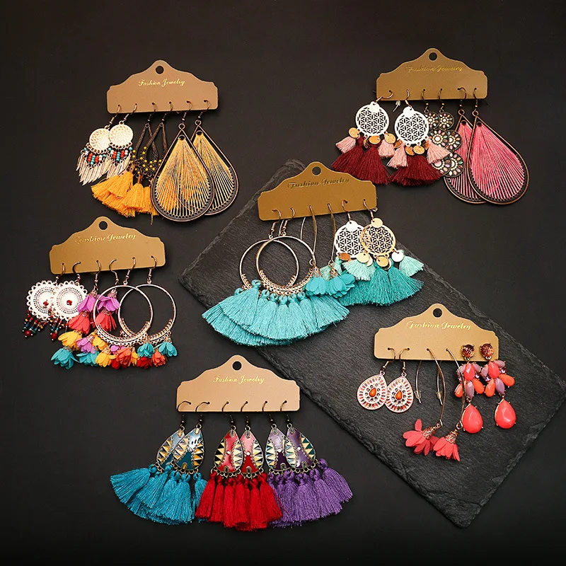 

3pairs/set Bronze Color Ethnic Earrings Sets Jewelry Long Metal Tassel Dangling Earrings for Women Colorful Geometric Earring