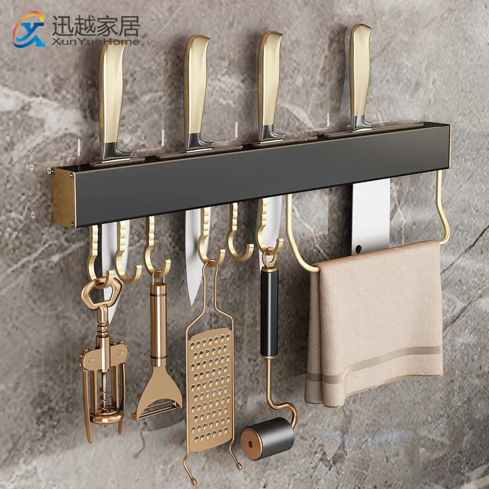 

Kitchen Organizer KnIfe Racks With Hook Bars Wall-Mounted Storage Tool Holder Black Gold Aluminum Shelf Household Accessories