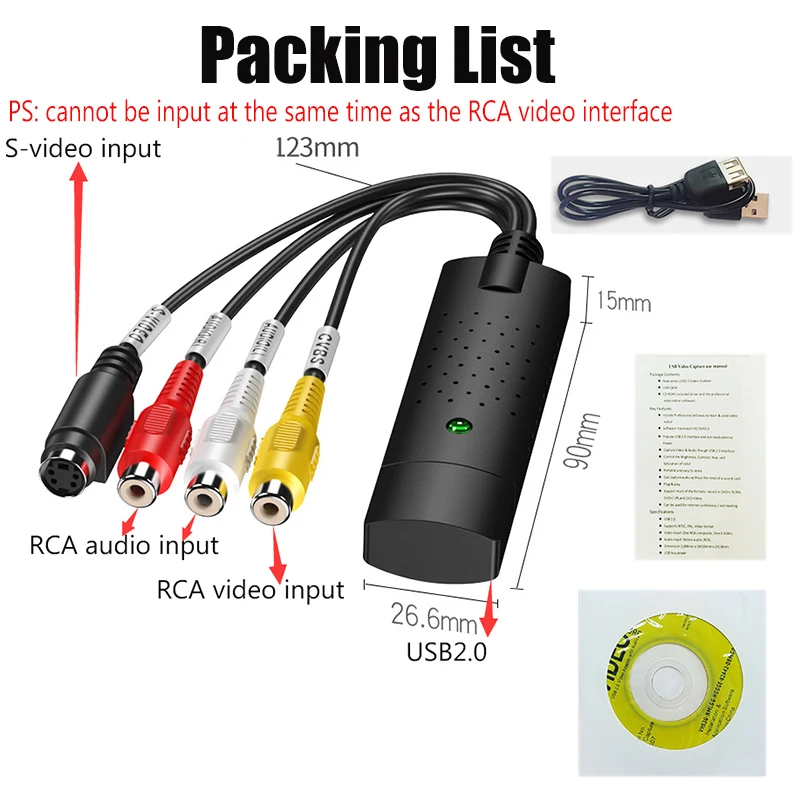 Устройство аудиозахвата видео/аудио USB 2 0 адаптер ТВ DVD VHS DVR поддержка Win 7 8/10 -