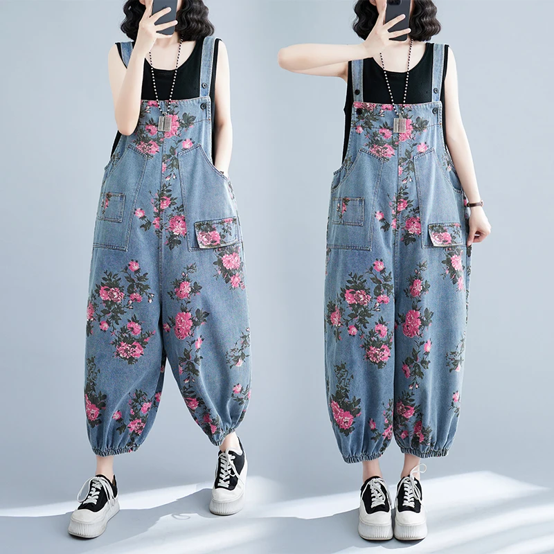 

Комбинезон женский джинсовый с цветочным принтом, модный мешковатый Ромпер на бретелях, свободные брюки с широкими штанинами, уличная одежда