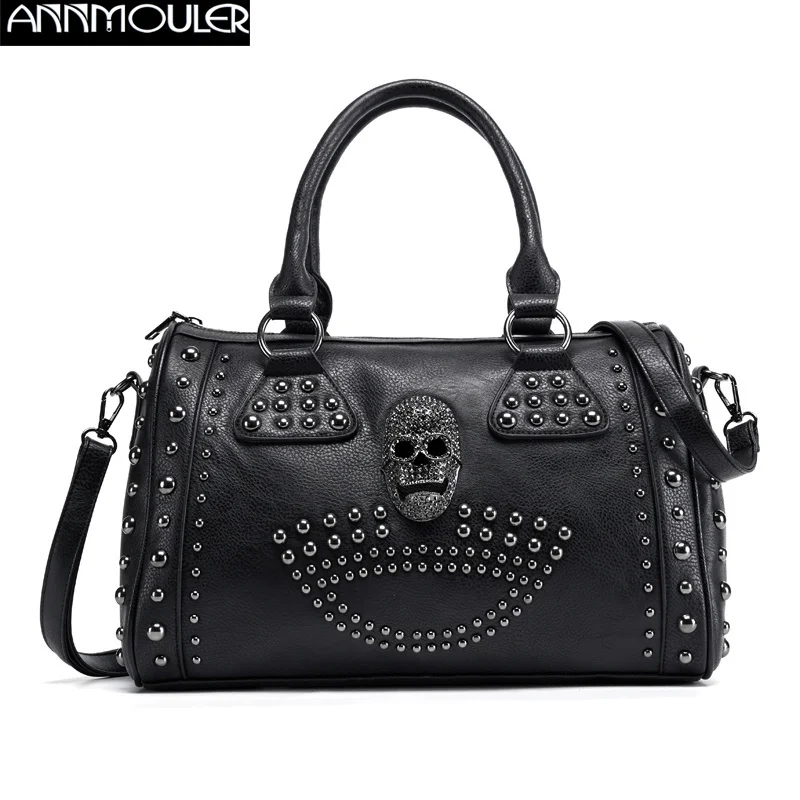 

2023 Women's Bag 2023 Trend Large Capacity Boston Bag Black Skull Handbag Luxury Pu Leather Tote Bag Rivet 2023 Purse