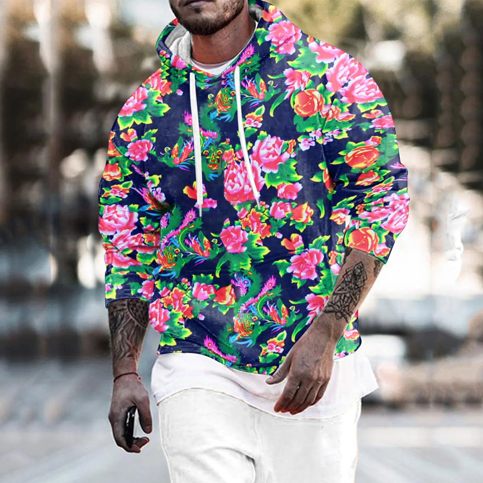 

Mens Athletic Pullover Hoodies Male Spring Autumn Large Flower All Print Long Sleeve Hooded Floral Fashion Sweatshirt for man